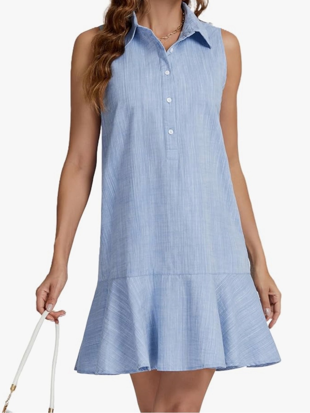 YEXPINE NWOT M CHAMBRAY Sleeveless Linen Cotton blend Tunic RUFFLE POCKETS DRESS